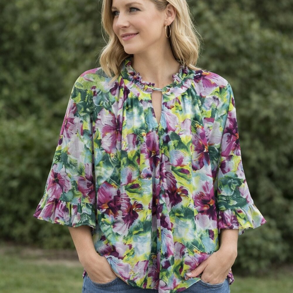 Calessa Floral Blouse Pink Green Ruffle Sleeve Boho Chic NWT Womens L